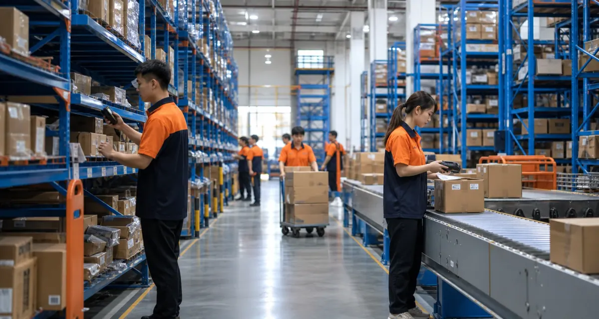 Chinese warehouse staff preparing parcels for international shipping